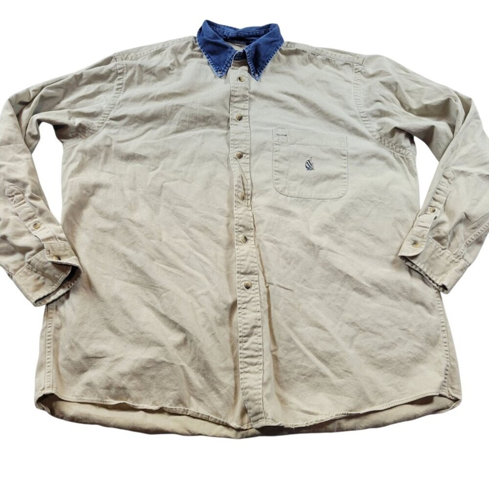 Nautica Shirt Mens XL Beige Oxford Long Sleeve Sailing Crest Denim Collar Retro